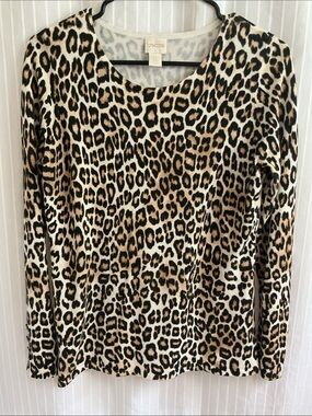 Chico's Size 0 (Size 6) Leopard Print Long Sleeve Knit Top - Tan/Black/Cream